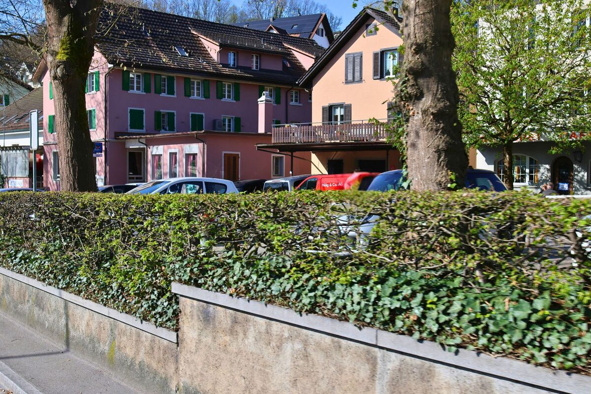 In Langnau am Albis, 8135 im Kanton Zürich säumen bunt gestrichene Wohnhäuser mit Fensterläden und Balkonen eine Strasse mit parkenden Autos hinter einer niedrigen Hecke.
