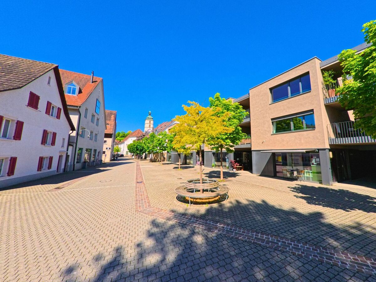 Eine breite Fussgaengerzone in Laufen (4242, Kanton Baselland) ist gesaeumt von Laubbäumen, modernen Gebaeuden und historischen Fassaden mit Blick auf einen Kirchturm.