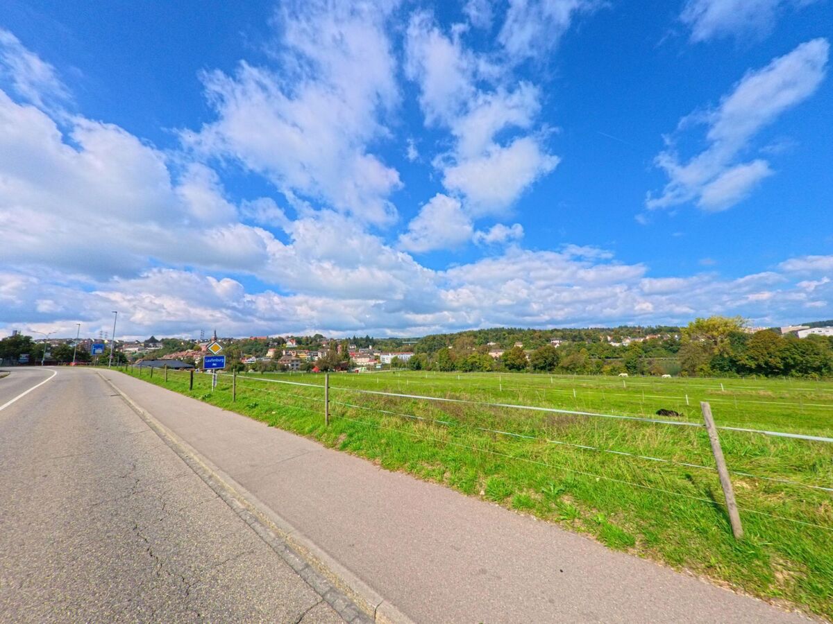 Am Ortseingang von Laufenburg (5080, Kanton Aargau) verläuft eine Landstrasse entlang grüner Wiesen mit Blick auf die Stadt im Hintergrund.