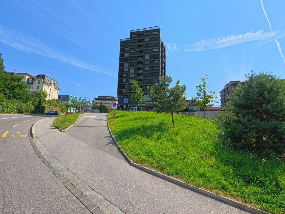In Lausanne (1010, Kanton Waadt) fuehrt eine leicht ansteigende Strasse an modernen Wohngebaeuden vorbei, waehrend gruene Baeume und Rasenflaechen den Rand saeumen.