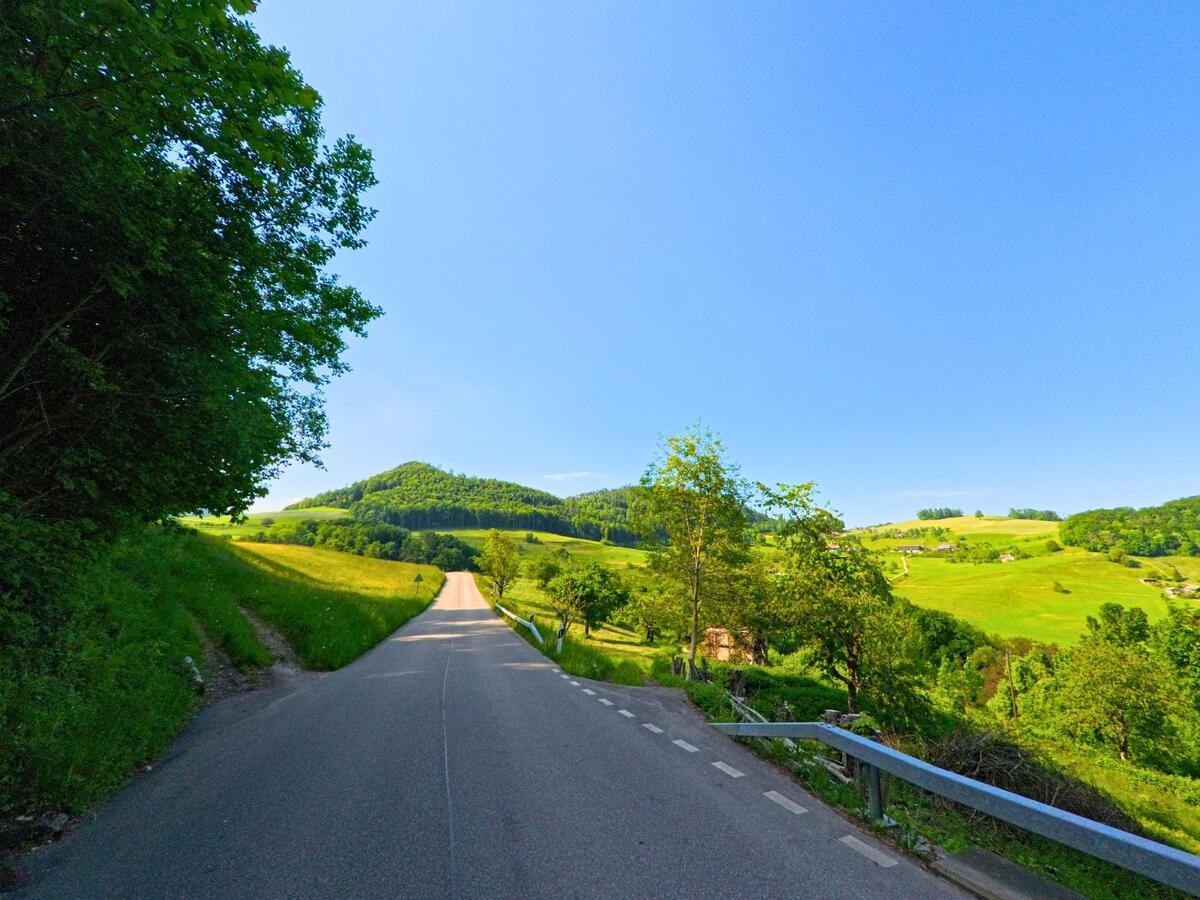In Lauwil (4426, Kanton Baselland) führt eine Strasse entlang grüner Wiesen und Wälder, während ein Hügel im Hintergrund zu sehen ist.
