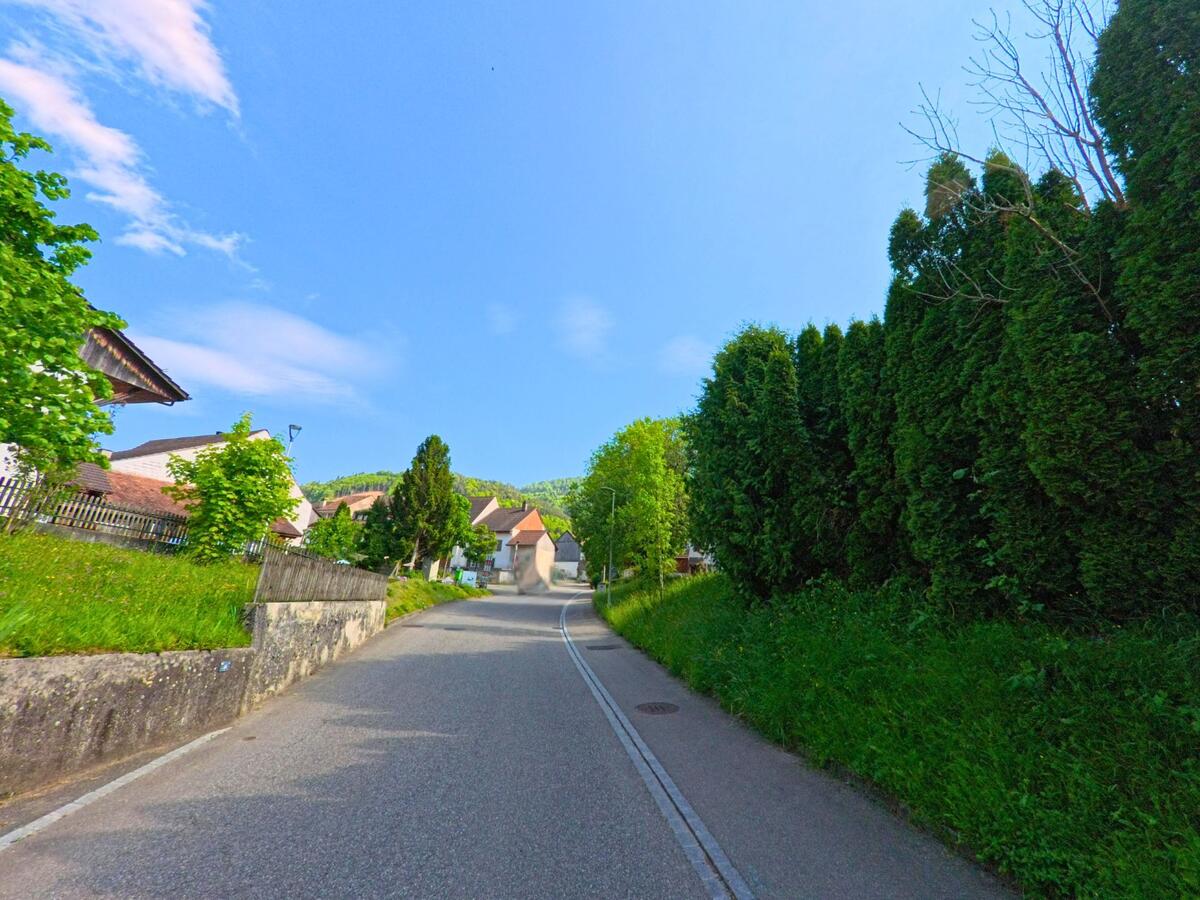 In Lauwil (4426, Kanton Baselland) führt eine Strasse bergauf an hohen Hecken und Wohngebäuden entlang, während die Hügel im Hintergrund sichtbar sind.
