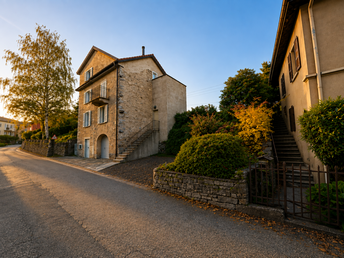 An einer ruhigen Wohnstrasse in Lema (6999, Kanton Tessin) steht ein älteres Steinhaus mit Balkon und Aussentreppe zwischen begrünten Grundstücken.