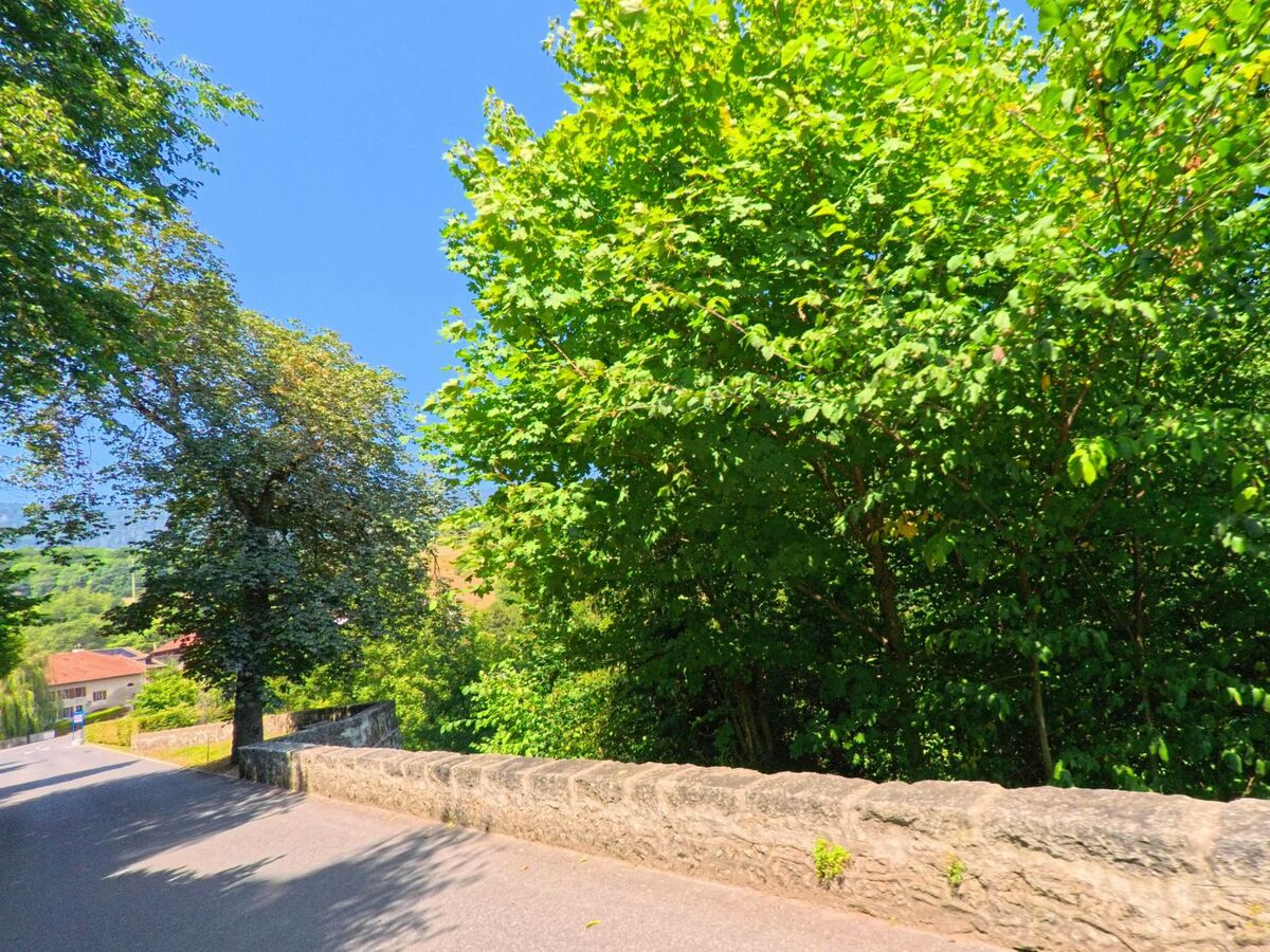 Eine ruhige Strasse in Les Clées (1356, Kanton Waadt) verläuft an einer alten Steinmauer entlang, hinter der dichte grüne Bäume wachsen.
