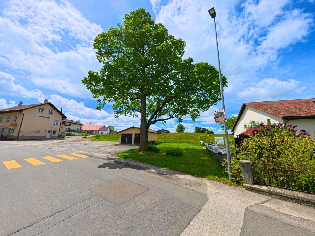 In Les Genevez (2714, Kanton Jura) zeigt sich ein großer Baum auf einer Kreuzung, während ein Restaurant und ein weiteres Gebäude im Hintergrund sichtbar sind.