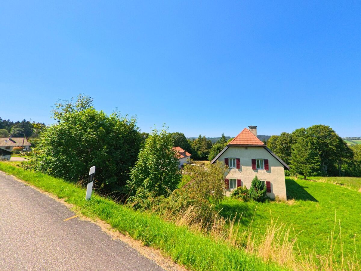 Ein alleinstehendes Wohnhaus mit roten Fensterlaeden steht in Les Planchettes (2325, Kanton Neuenburg) auf einer Wiese mit Blick ins Tal.