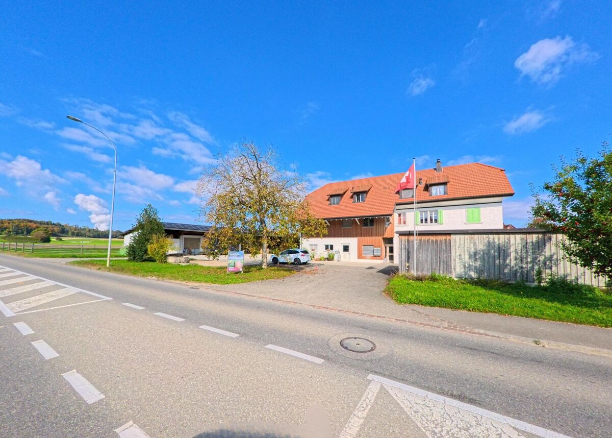 Ein Bauernhaus mit rotem Ziegeldach und Schweizer Flagge steht am Strassenrand in Leuggern (5316, Kanton Aargau), umgeben von Feldern und Obstbäumen.