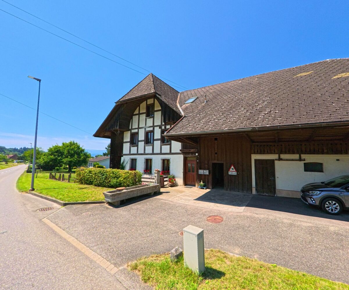Ein grosses Bauernhaus mit Fachwerkfassade steht in Leuzigen (3297, Kanton Bern) direkt an einer leicht geschwungenen Strasse, umgeben von Wiese und Blumen.