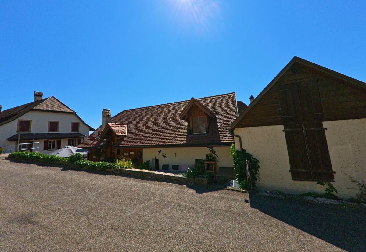 Mehrere traditionelle Wohnhaeuser mit roten Ziegeldächern liegen in Ligerz (2514, Kanton Bern) an einer gepflasterten Hofzufahrt.