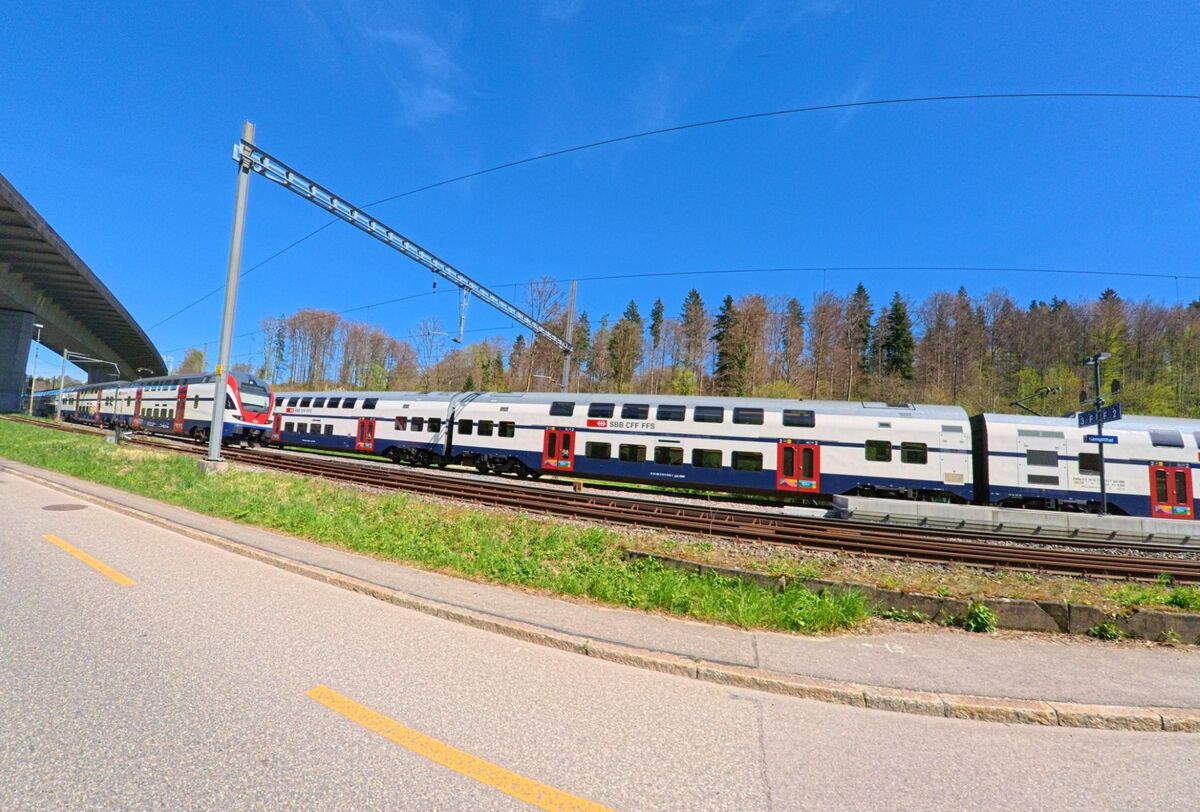 Ein doppelstöckiger SBB-Zug fährt auf den Gleisen in Lindau (8310, Kanton Zürich) an einem bewaldeten Hang vorbei, links verläuft eine Strasse unter einer breiten Brückenkonstruktion.
