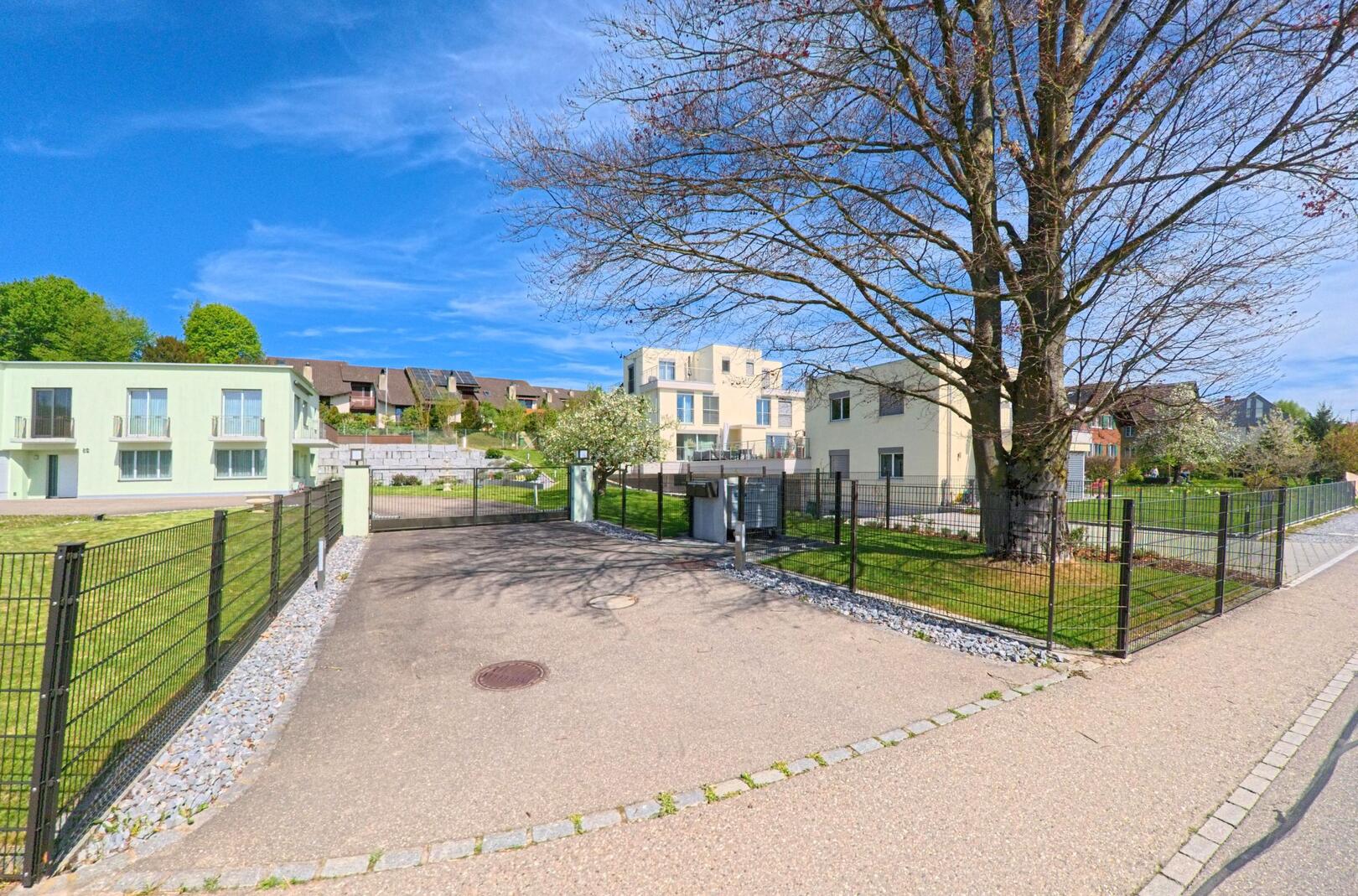 In Lindau (8315, Kanton Zürich) stehen moderne Wohngebäude mit gepflegten Rasenflächen hinter schwarzen Metallzäunen, im Vordergrund ragt ein grosser Baum in den blauen Himmel.