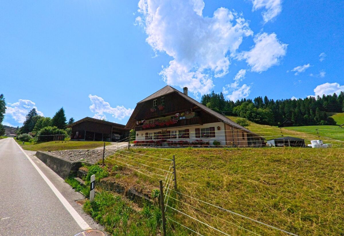 An einer Landstrasse in Linden (3673, Kanton Bern) steht ein geschmücktes Bauernhaus mit Blumenkästen, eingebettet in eine hügelige Landschaft mit Wäldern und Wiesen.