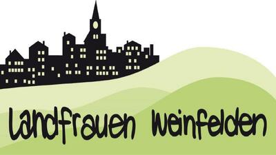 Das grafische Logo zeigt in Weinfelden (8570, Kanton Thurgau) eine stilisierte Stadtsilhouette mit Kirchturm über sanften Gruenhuegeln und dem Schriftzug Landfrauen.
