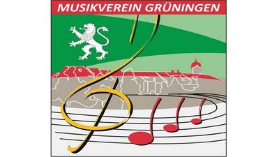 In Grueningen (8627, Kanton Zuerich) zeigt das Bild das farbenfrohe Logo des Musikvereins Grueningen mit Schluesselmotiv, Notenlinien und stilisiertem Ortsprofil.
