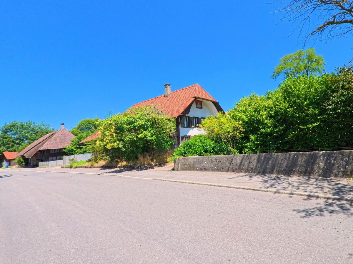 Am Rand von Lotzwil (4932, Kanton Bern) stehen traditionelle Wohn- und Nebengebaeude mit roten Ziegeldachern entlang einer ruhigen, von Baeumen gesaeumten Strasse.