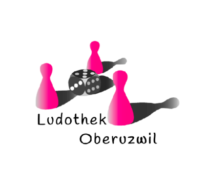 Das Logo der Ludothek Oberuzwil (9242, Kanton St. Gallen) zeigt Spielfiguren, einen Würfel und den Schriftzug in einer spielerischen Darstellung.