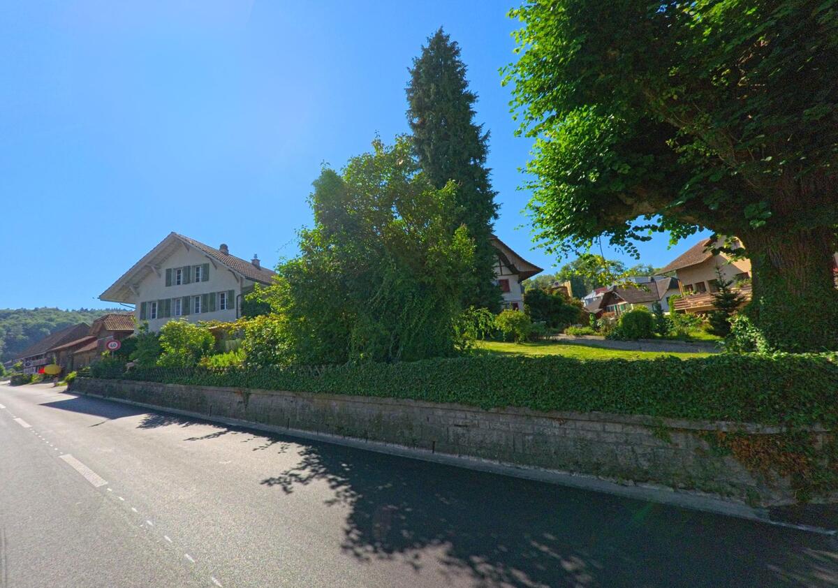 In Lüscherz (2576, Kanton Bern) stehen entlang einer leicht ansteigenden Strasse Wohnhäuser mit gepflegten Gärten und hohen Bäumen.
