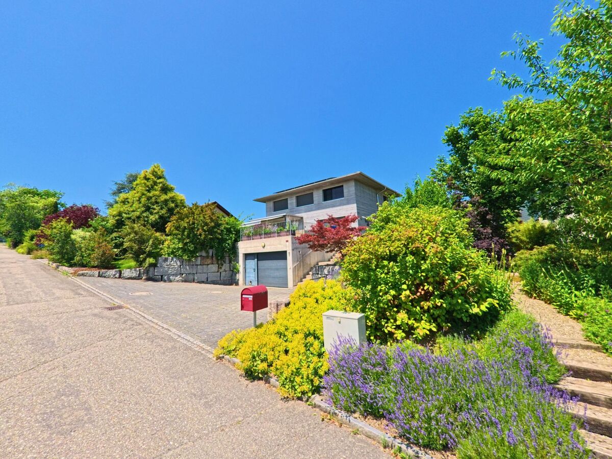 Ein modernes Wohnhaus mit Garage und bunter Bepflanzung liegt in Lüterkofen-Ichertswil (4571, Kanton Solothurn) an einer leicht ansteigenden Strasse.