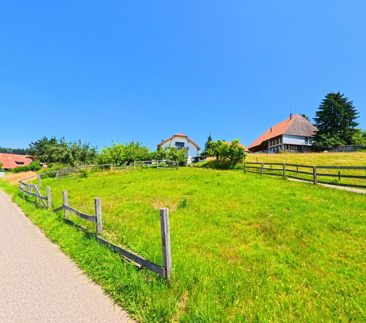 In Lüterswil-Gaechliwil (4584, Kanton Solothurn) stehen Haeuser mit roten Daechern oberhalb einer gruene Wiese, gesaeumt von Holzzauenen.