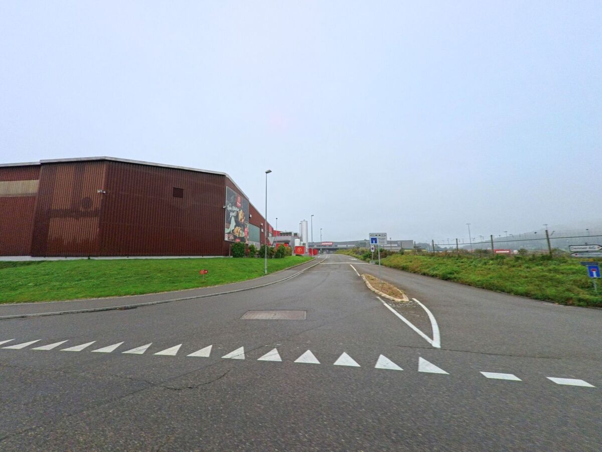 Im Industriegebiet von Mägenwil (5506, Kanton Aargau) verläuft eine Strasse entlang grosser Lagerhallen mit Werbeplakat, umgeben von Grünflächen und Parkplätzen.