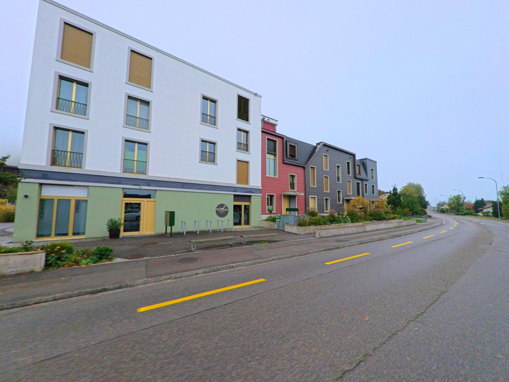 Entlang der Hauptstrasse in Mägenwil (5506, Kanton Aargau) stehen moderne Wohnhäuser mit farbigen Fassaden und grossen Fenstern.