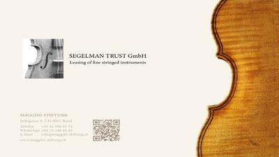 In Basel (4151, Kanton Basel-Stadt) zeigt eine grafische Darstellung der Maggini-Stiftung die feine Maserung einer Streichinstrumentenrückseite neben typografischen Informationen.