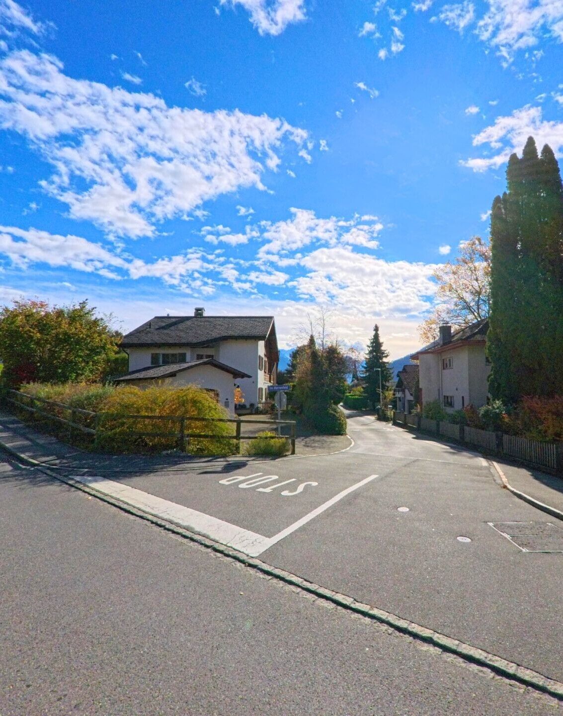 An einer übersichtlichen Quartierstrasse mit Einfamilienhäusern zeigt sich ein ruhiger Wohnbereich von Maienfeld (7304, Kanton Graubünden) unter einem weit geöffneten Himmel.