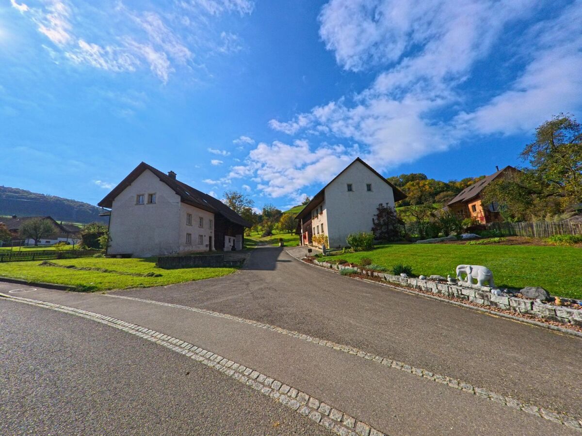 Zwei Wohnhäuser in Mandach (5318, Kanton Aargau) stehen an einer leicht ansteigenden Strasse, umgeben von gepflegten Gärten und einer ländlichen Hügellandschaft.