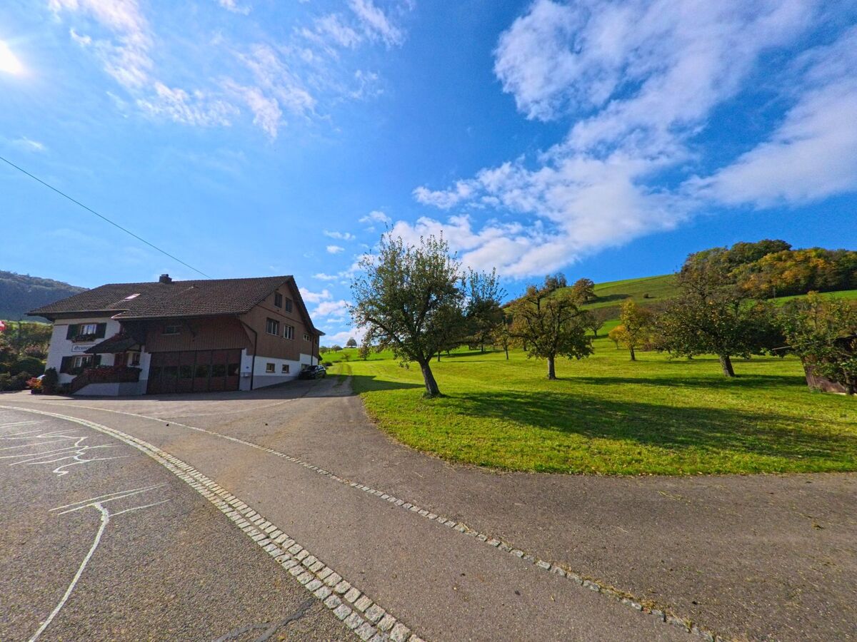 Ein Bauernhaus mit dunklem Holzdach steht in Mandach (5318, Kanton Aargau) neben einer grünen Obstwiese mit einzelnen Bäumen und sanft ansteigenden Hügeln.