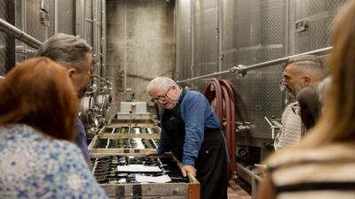 In einem Weinkeller in Tenero (6598, Kanton Tessin) erklärt ein Mitarbeiter von Matasci Vini einer Besuchergruppe den Produktionsprozess zwischen grossen Edelstahltanks.