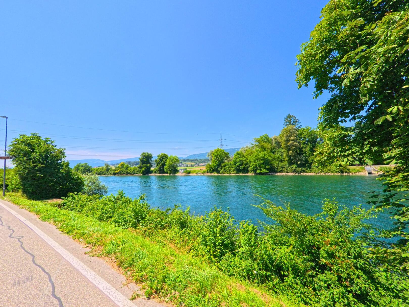 In Meienried (3294, Kanton Bern) verläuft eine ruhige Strasse entlang des glitzernden Wassers der Aare, gesäumt von dichtem Grün und schattenspendenden Bäumen.
