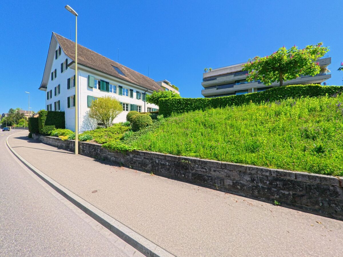 In Meilen (8706, Kanton Zürich) zeigt das Bild eine moderne Strasse mit einem gepflegten Gebäude und einer grosszügigen Grünfläche entlang des Gehwegs.