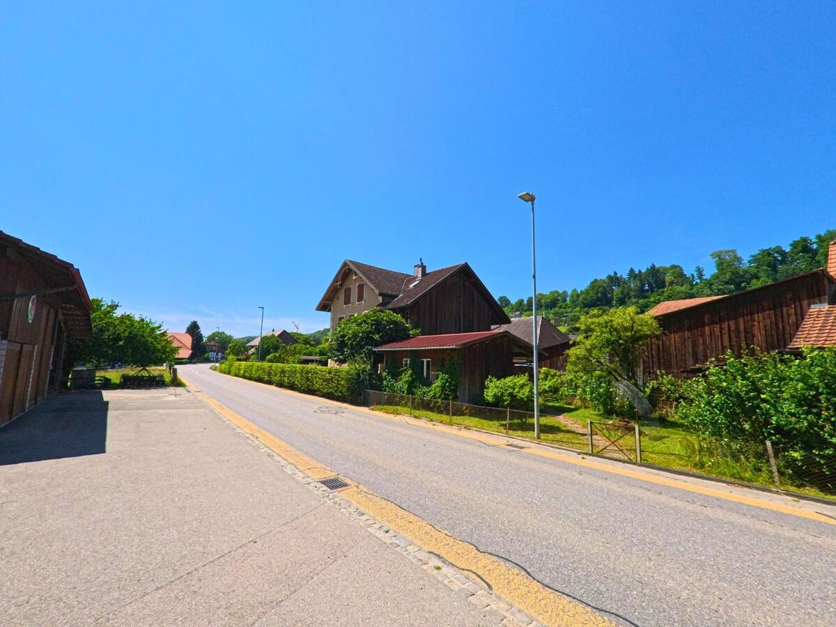 In Meinisberg (2554, Kanton Bern) verläuft eine ruhige Dorfstrasse zwischen Holzhäusern und Gärten am Fusse eines bewaldeten Hügels.