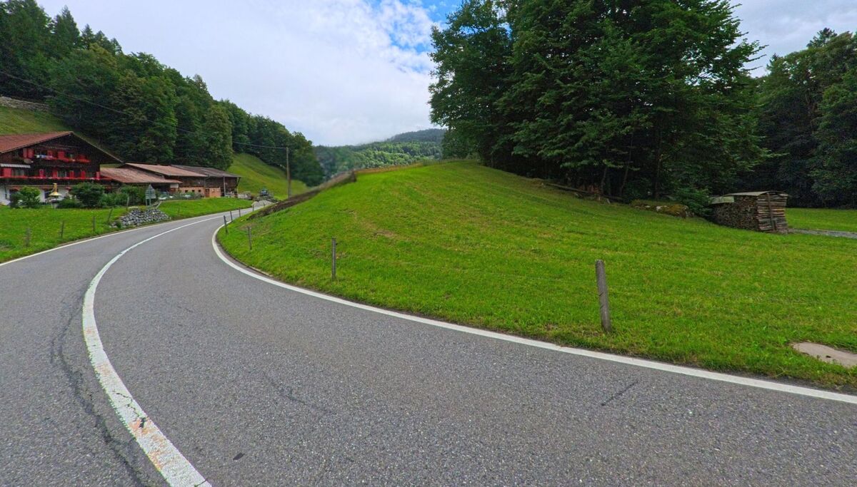 Eine kurvige Landstrasse in Meiringen (3857, Kanton Bern) führt an einem steilen Wiesenhang mit Bagger vorbei, flankiert von Waldrand und Bauernhofgebäuden.