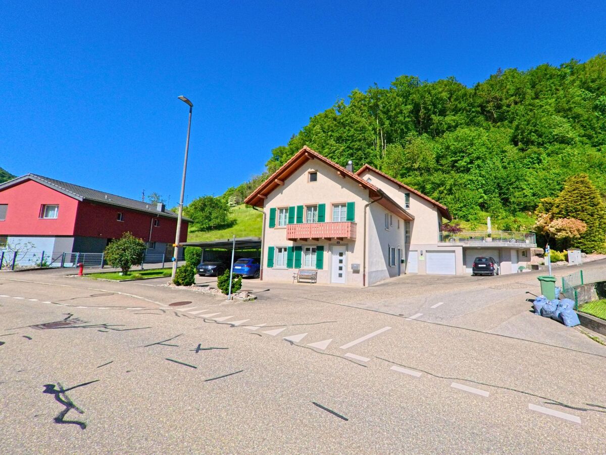 Am Waldrand von Meltingen (4233, Kanton Solothurn) stehen Einfamilienhäuser mit Gärten und Carports entlang einer ruhig gelegenen Quartierstrasse.