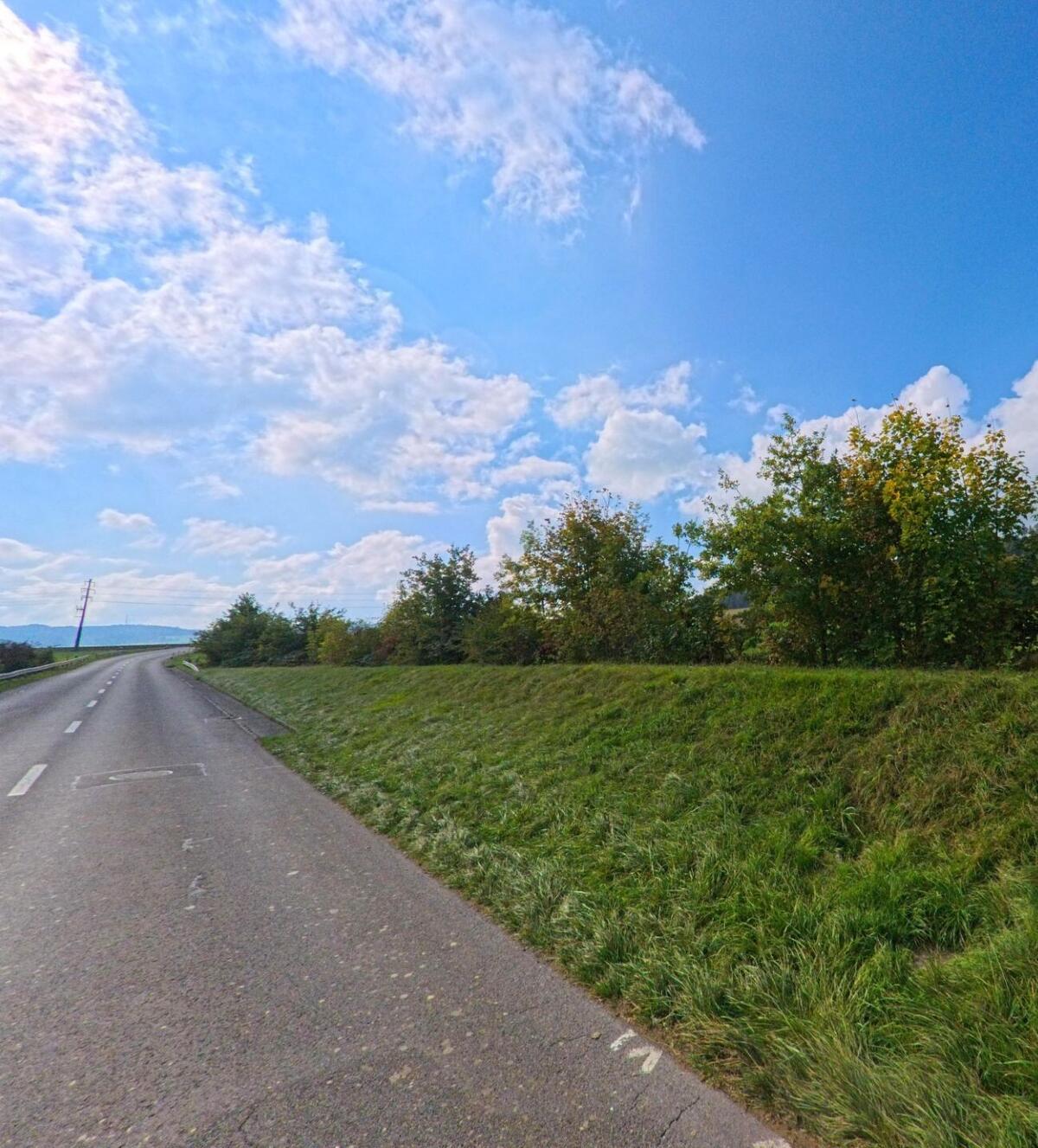 Eine Landstrasse führt aus Menziken (5736, Kanton Aargau) hinaus über eine sanft ansteigende Strecke, gesäumt von grünen Böschungen und Bäumen unter blauem Himmel.