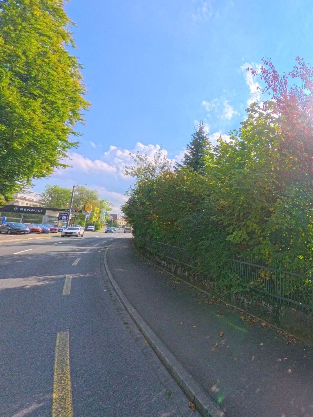 Eine leicht ansteigende Strasse in Menziken (5737, Kanton Aargau) führt vorbei an dichtem Grün und einem Autohaus, während Autos in der Sonne fahren.