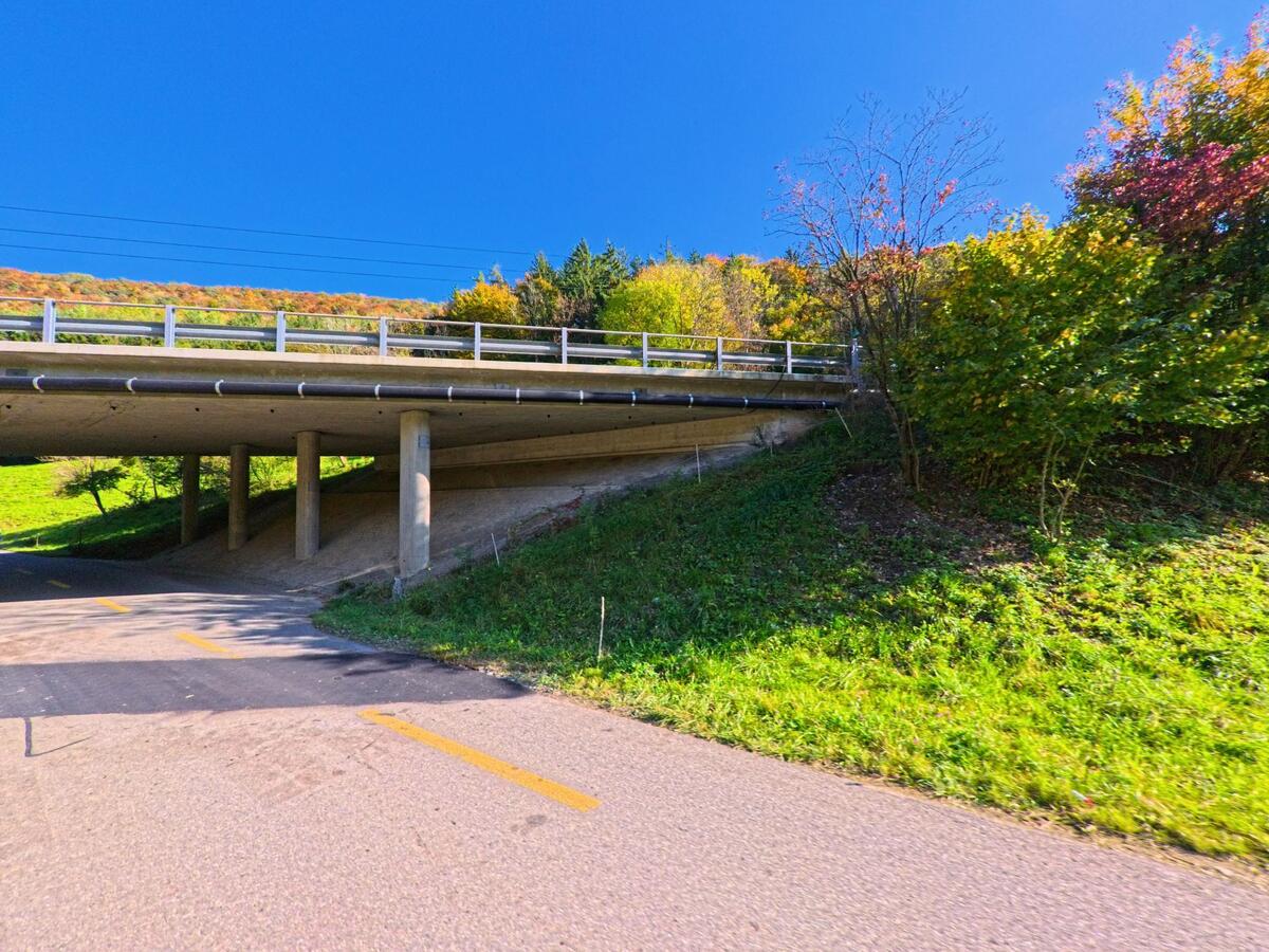 Unter einer Brücke verläuft ein Radweg am Rand des Siedlungsgebiets von Merishausen (8232, Kanton Schaffhausen).