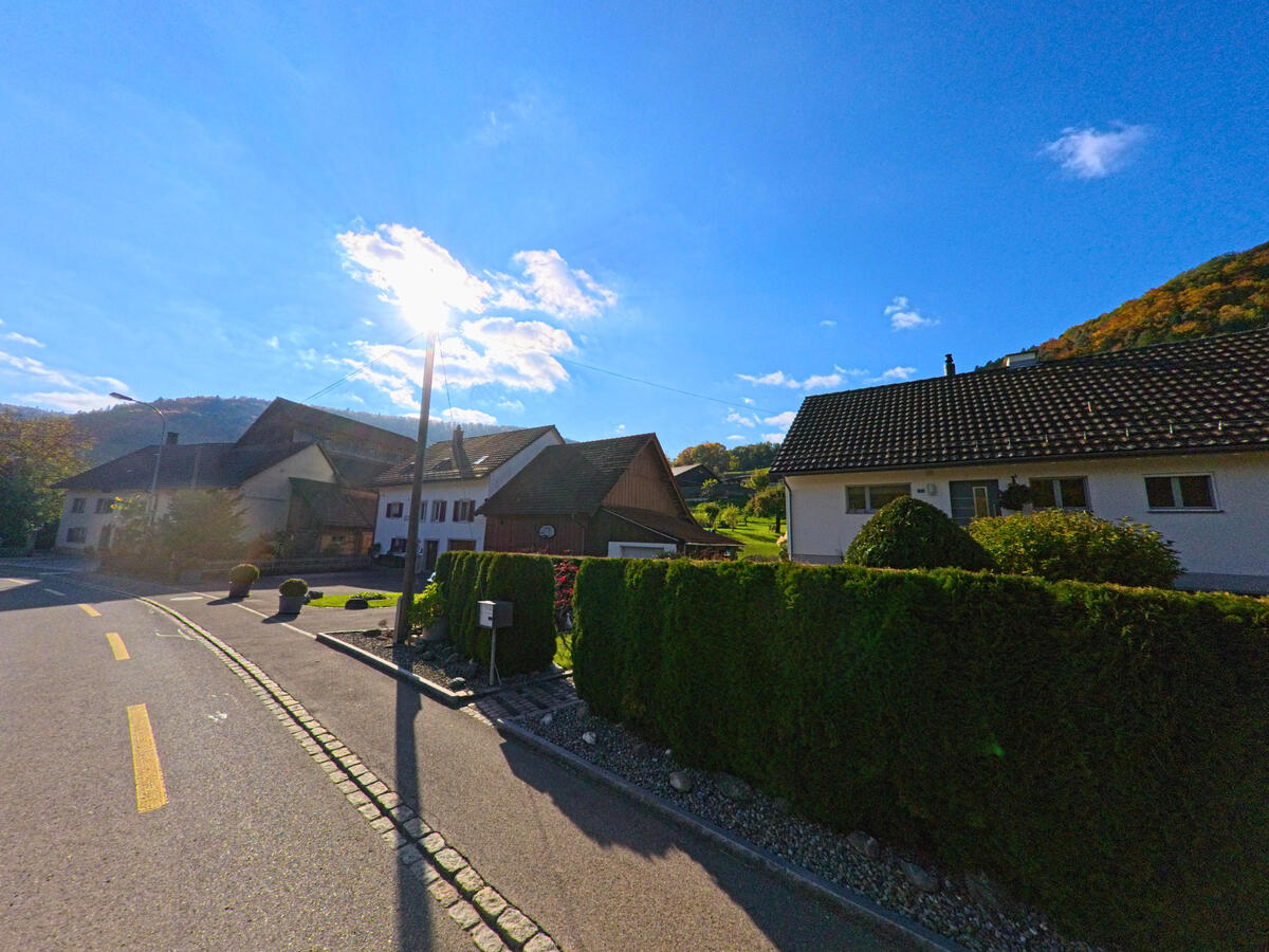 Eine schmale Wohnstrasse mit Hecken verläuft durch ein Quartier von Merishausen (8232, Kanton Schaffhausen).