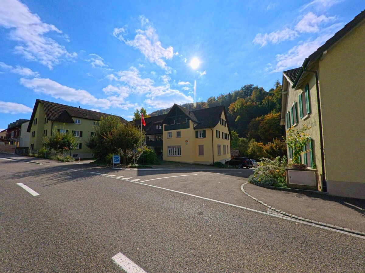 Mehrere Wohnhaeuser mit farbigen Fassaden stehen in Mettauertal (5274, Kanton Aargau) an einer sonnigen Kreuzung vor bewaldeten Huegeln.