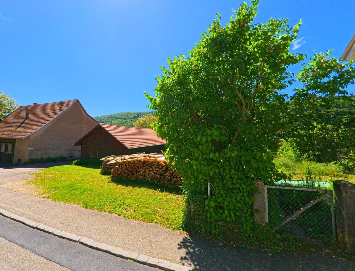 In Mettembert (2806, Kanton Jura) steht ein Haus mit angebautem Schopf an einer ruhigen Strasse, neben einem aufgeschichteten Holzstapel und dichtem Gruen.