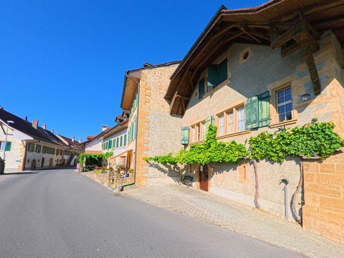 In Mont-Vully (1788, Kanton Freiburg) säumen traditionelle Häuser mit grünen Fensterläden und Weinranken eine leicht ansteigende Strasse.