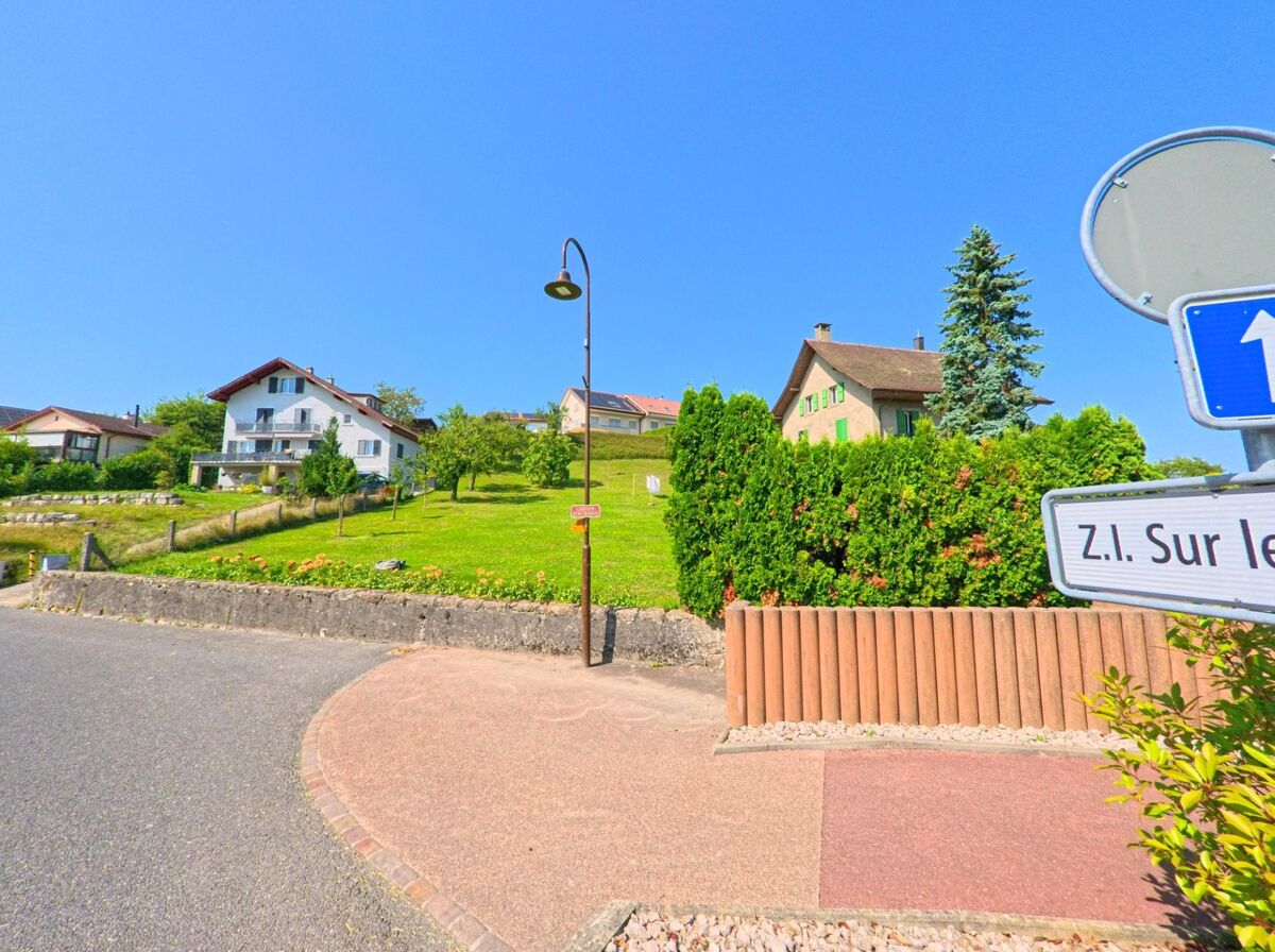 In Montagny-pres-Yverdon (1442, Kanton Waadt) stehen Einfamilienhaeuser mit Gaerten an einem sanft ansteigenden Hang oberhalb der Strasse.