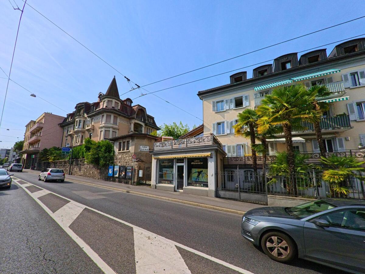 Entlang einer Strasse in Montreux (1815, Kanton Waadt) stehen historische Wohnhaeuser mit Balkonen und Palmen im Vordergrund.