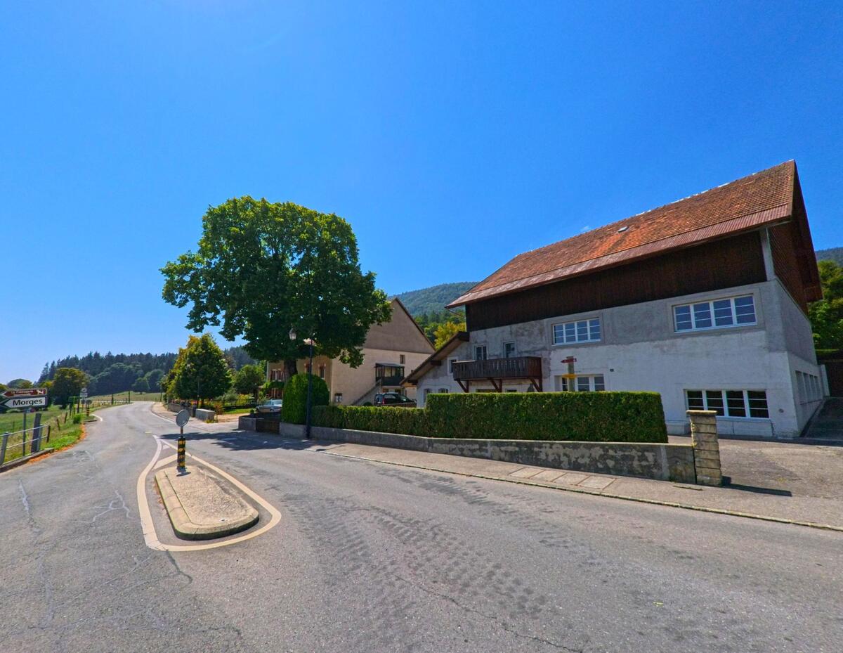 Am Ortsrand von Montricher (1147, Kanton Waadt) fuehrt eine Strasse mit Verkehrsinsel an Bauernhaeusern vorbei in Richtung offener Felder.