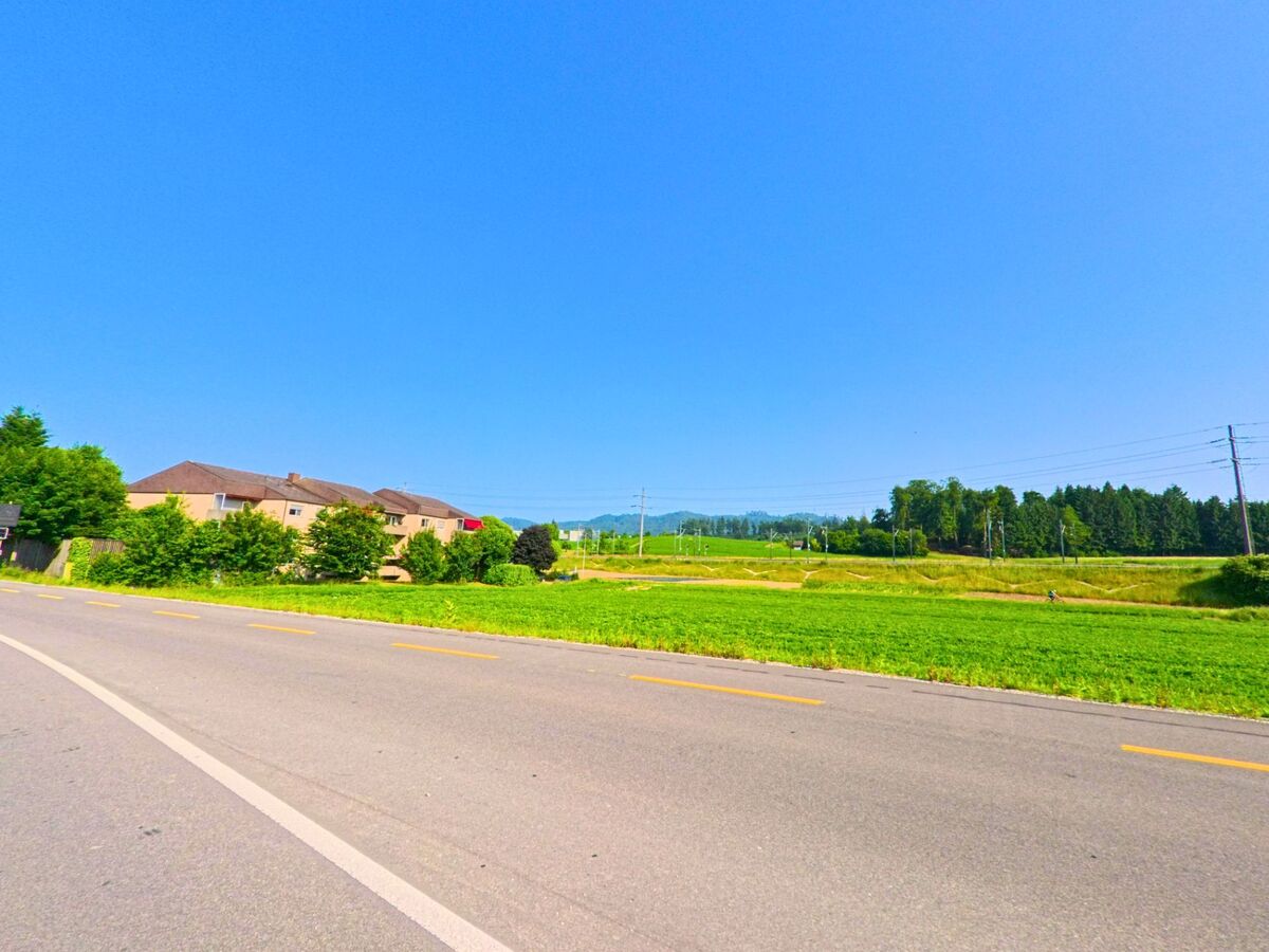 Am Rand von Moosseedorf (3302, Kanton Bern) öffnet sich hinter der Kurve einer Landstrasse der Blick auf Felder und Wälder unter einem klaren Sommerhimmel.