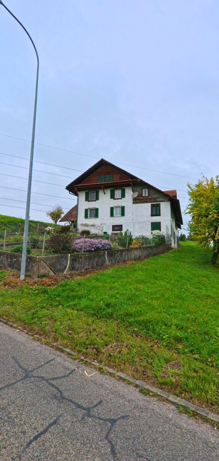 Ein traditionelles Bauernhaus mit grünen Fensterläden steht in Mühlau (5642, Kanton Aargau) auf einer leicht erhöhten Wiese mit gepflegtem Vorgarten.