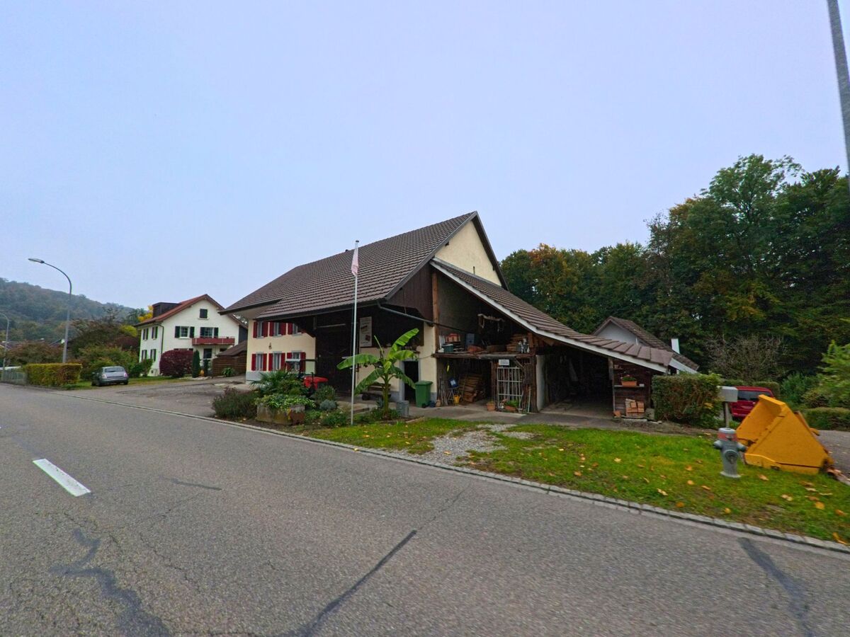 An der Landstrasse in Mülligen (5243, Kanton Aargau) stehen zwei traditionelle Bauernhäuser mit roten Fensterläden und angrenzenden Scheunen vor bewaldetem Hintergrund.