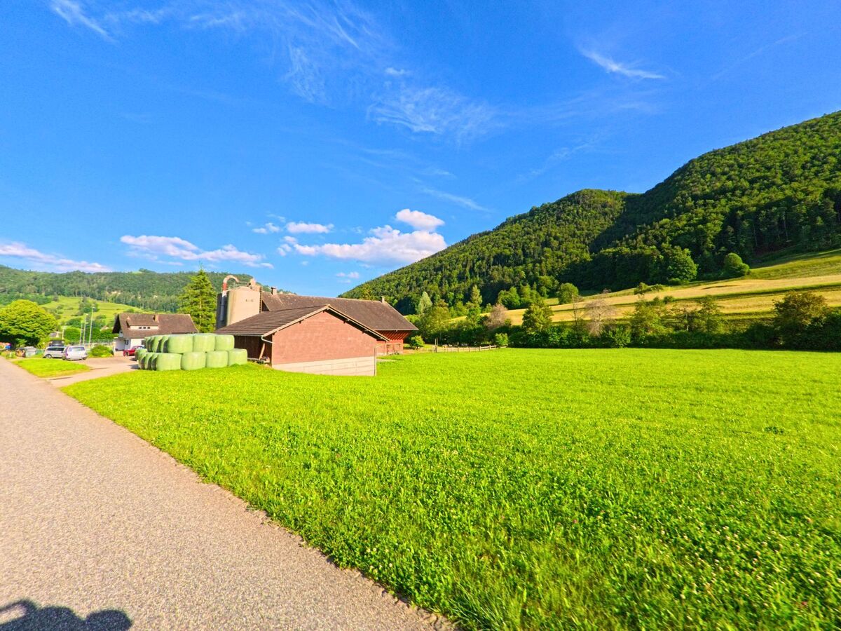In Mümliswil (4717, Kanton Solothurn) liegen ein Bauernhof und Heuballen vor einer weiten, grünen Wiese mit bewaldeten Hügeln im Hintergrund.
