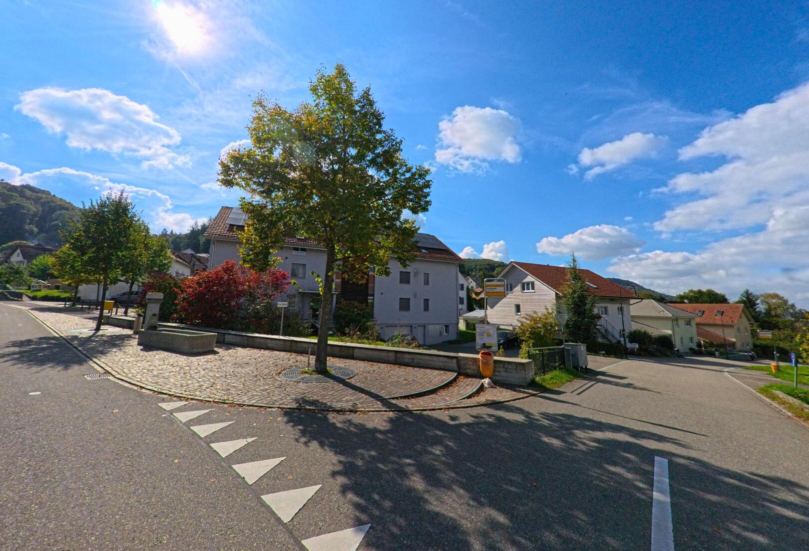 An einer ruhigen Strassenecke in Münchwilen (4333, Kanton Aargau) steht ein Brunnen mit Bäumen und Wohnhäusern im Hintergrund unter blauem Himmel.